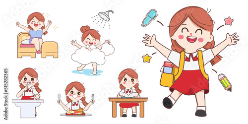 Cute cartoon doodle girl student character. Cartoon Kid in daily routine activity pose.