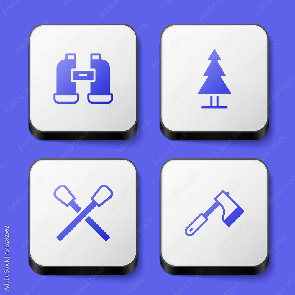 Set Binoculars, Tree, Burning match with fire and Wooden axe icon. White square button. Vector Set Binoculars, Tree, Burning match with fire and Wooden axe icon. White square button. Vector