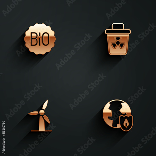 Set Banner for bio, Infectious waste, Wind turbine and Earth with shield icon with long shadow. Vector
