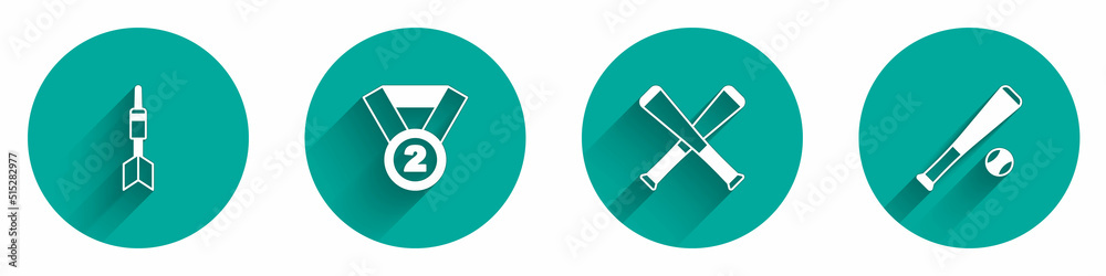 Set Dart arrow, Medal, Crossed baseball bat and Baseball with icon with long shadow. Vector Set Dart arrow, Medal, Crossed baseball bat and Baseball with icon with long shadow. Vector