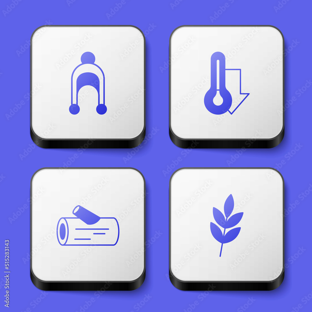 Set Winter hat, Thermometer, Wooden log and Leaf icon. White square button. Vector Set Winter hat, Thermometer, Wooden log and Leaf icon. White square button. Vector