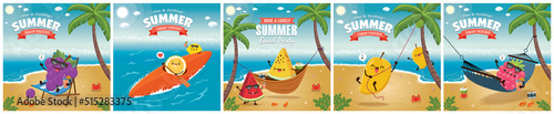 Vintage Summer poster with mango, cherry, grapes, watermelon, lemon character, palm tree set
