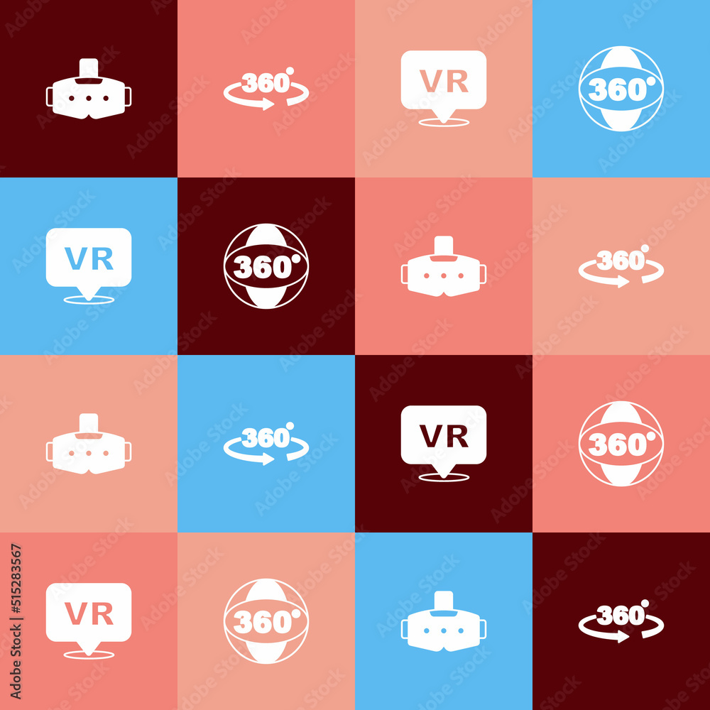 Set pop art Virtual reality glasses, 360 degree view, and icon. Vector Set pop art Virtual reality glasses, 360 degree view, and icon. Vector