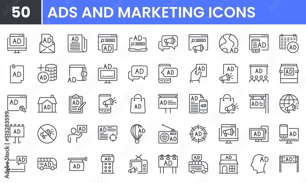 Advertising and Marketing vector line icon set. Contains linear outline icons like Billboard, Newspaper, TV, Radio, Promotion, Poster, Media, Megaphone, Communication, Email. Editable use and stroke.