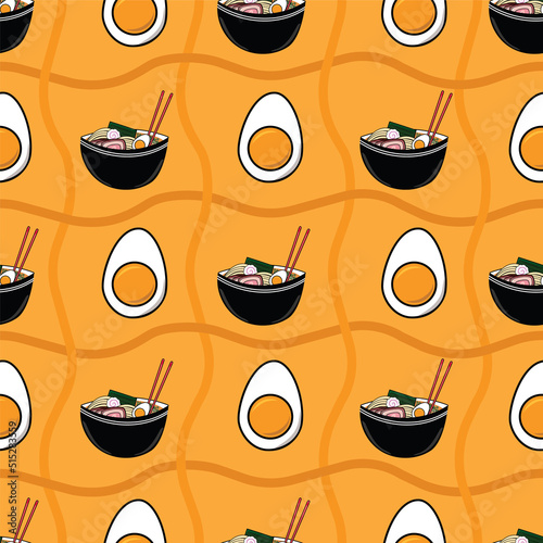 Ramen noodle bowl with sliced egg in yolk. Vector illustration. Seamless pattern. Asian cuisine design for foodie or restaurant decor.