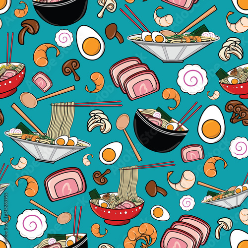 Ramen noodle bowl feast on teal. Seamless vector illustration. Build your perfect ramen bowl.