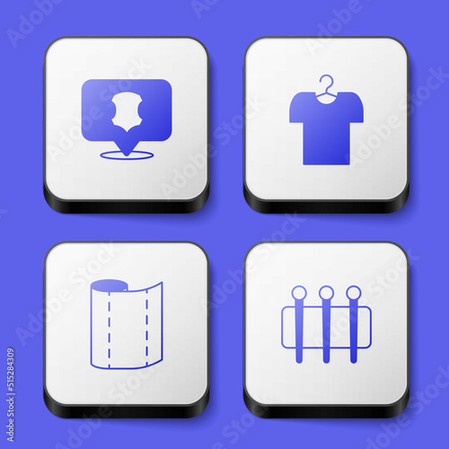 Set Leather, T-shirt on hanger, Textile fabric roll and Needle for sewing icon. White square button. Vector