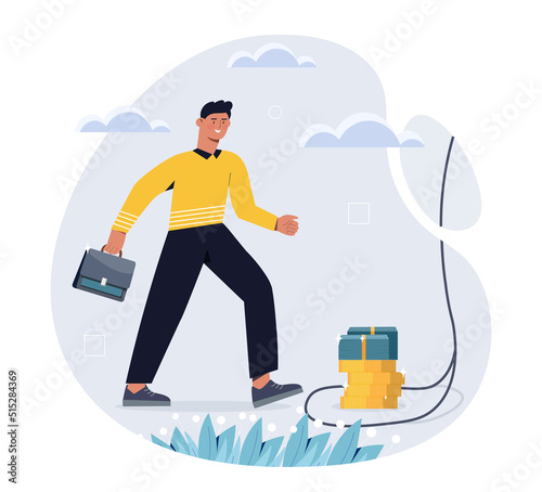 Businessman trap concept. Financial literacy and unsuccessful project, entrepreneurs startup failed. Greed, character drawn to money. Bad planning and strategy. Cartoon flat vector illustration