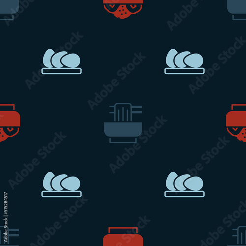 Set Chow mein on plate, Asian noodles bowl and Chicken egg on seamless pattern. Vector