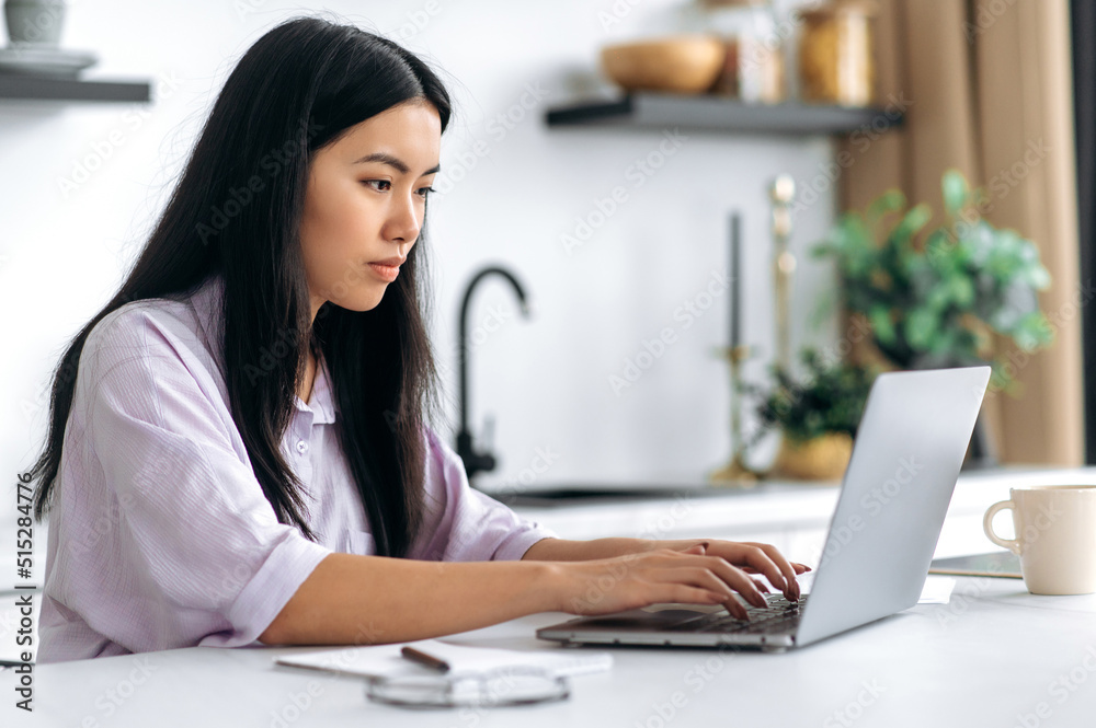 Thoughtful smart young chinese woman, sit at home in the kitchen, working or study online, focused looks at laptop screen, planning and analysis future project, startup, female student doing homework Thoughtful smart young chinese woman, sit at home in the kitchen, working or study online, focused looks at laptop screen, planning and analysis future project, startup, female student doing homework