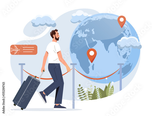 Man emigrate concept. Guy with luggage chooses country for travel, character at airport evaluates several options, makes route. Person moving foreign country. Cartoon flat vector illustration
