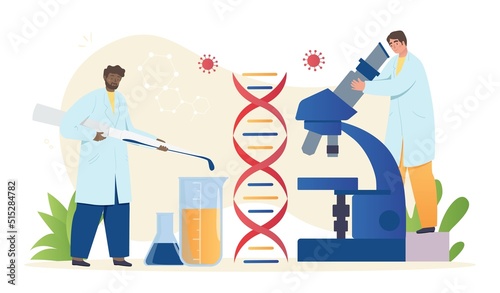 Lab experiment concept. Men with chemicals and cells doing experimentation. Chemists and biologists develop drug, professionals look at DNA through microscope. Cartoon flat vector illustration