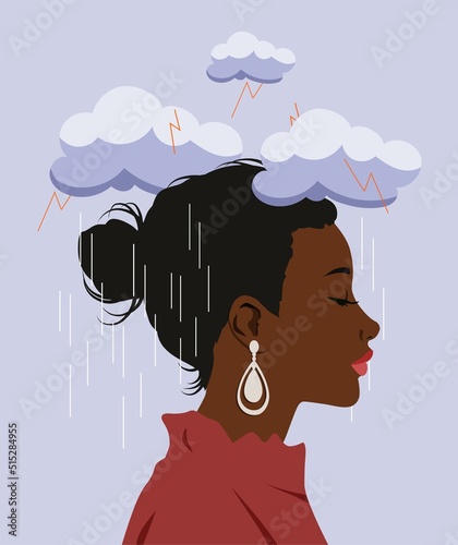 Psychological problem concept. Sad girl stands alone, emotional burnout and difficulties at work and in personal life. Mental health, depression and frustration. Cartoon flat vector illustration