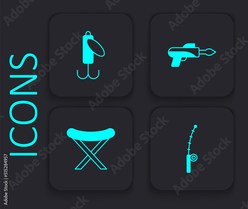 Set Fishing rod, lure, harpoon and Camping folding chair icon. Black square button. Vector