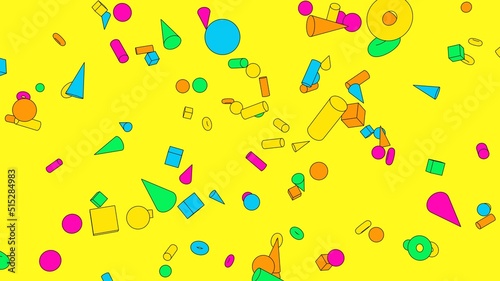Toon colorful geometric objects on yellow background.
3DCG confetti illustration for background.
