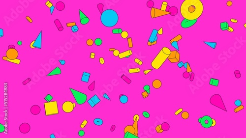 Toon colorful geometric objects on pink background.
3DCG confetti illustration for background.
