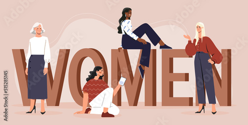 Strong women concept. Feminism and womens solidarity. Talented and hardworking entrepreneurs or businesswomen. Gift card design for March 8, international womens day. Cartoon flat vector illustration