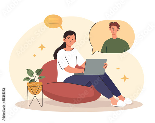 Freelancer with laptop. Girl from home communicates with friend or colleague, fulfills clients order. Earn money online, distance worker at comfortable workplace. Cartoon flat vector illustration