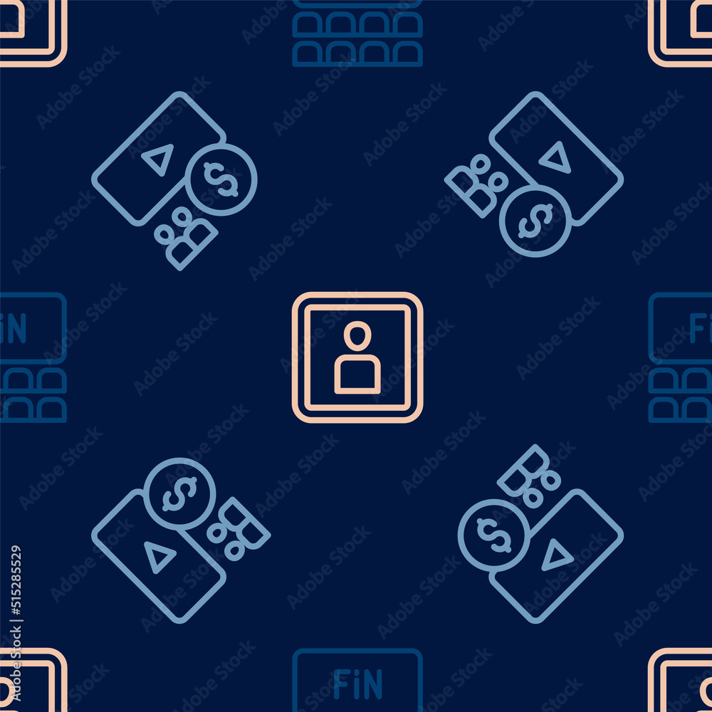 Set line Cinema auditorium with screen, and Play Video on seamless pattern. Vector