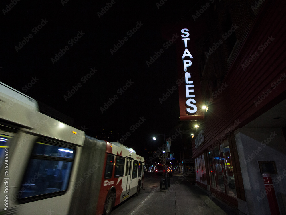 OTTAWA, CANADA NOVEMBER 11, 2018 Bus passing in front of a Staples