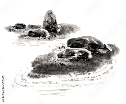 水墨画技法で描いた石庭