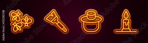 Set line Bees, Beekeeping brush, Beekeeper with protect hat and Burning candle. Glowing neon icon. Vector