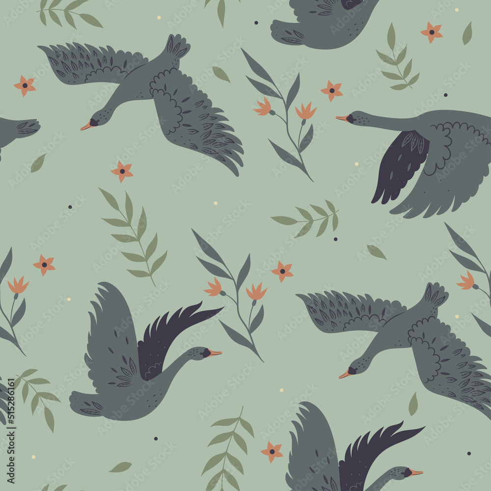 Naklejka premium Seamless pattern with flying swans and flowers. Vector graphics.