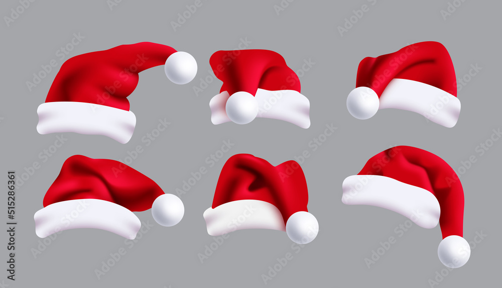 Santa hat vector set design. Santa claus 3d christmas cap elements collection in different angle and fold for xmas costume decoration. Vector illustration.
Santa hat vector set design. Santa claus 3d christmas cap elements collection in different angle and fold for xmas costume decoration. Vector illustration.