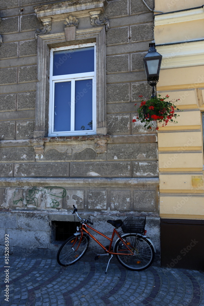 Bicycle stands on the street in a big city