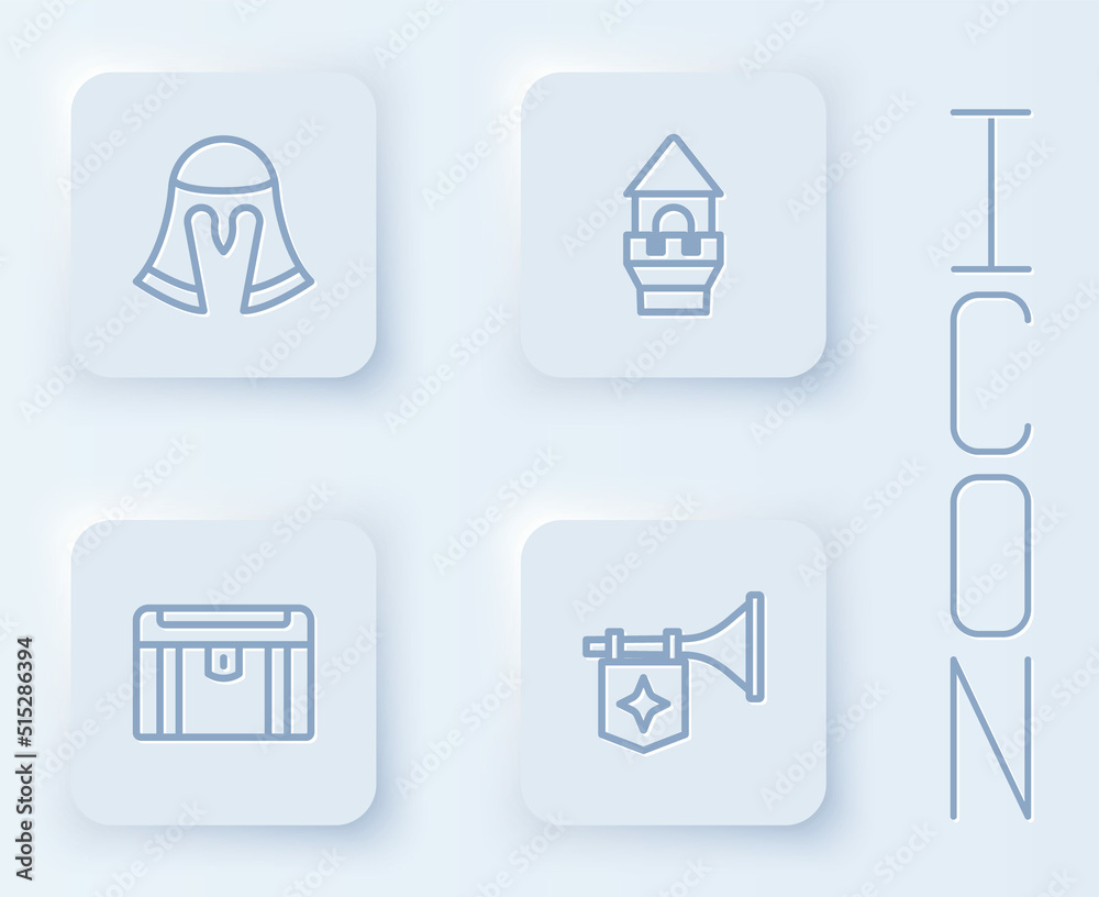 Set line Medieval helmet, Castle tower, Antique treasure chest and Trumpet with flag. White square button. Vector Set line Medieval helmet, Castle tower, Antique treasure chest and Trumpet with flag. White square button. Vector
