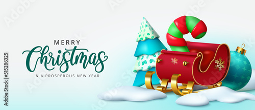 Christmas sleigh vector design. Merry christmas greeting text in outdoor snow with santa sleigh, candy cane and fir tree decoration for xmas holiday. Vector illustration.
