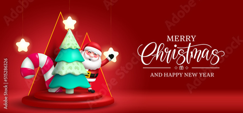 Christmas santa greeting vector design. Merry christmas text in red background with waving santa claus character and xmas tree decoration elements for holiday celebration. Vector illustration.
