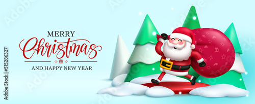 Merry christmas santa vector design. Christmas text in snow outdoor with walking santa claus character holding xmas gifts elements for holiday season. Vector illustration.
