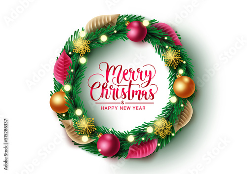 Christmas wreath vector design. Merry christmas greeting text in wreath element with balls, snowflakes and leaves xmas elements for xmas and new year holiday season. Vector illustration. 
