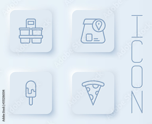 Set line Coffee cup to go, Online ordering food, Ice cream and Slice pizza. White square button. Vector