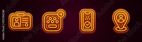 Set line Taxi driver license, mobile app, and client. Glowing neon icon. Vector