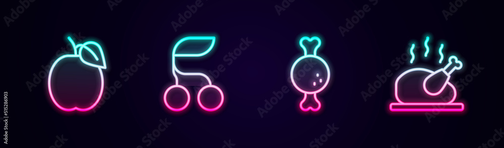Fototapeta premium Set line Plum fruit, Fresh berries, Chicken leg and Roasted turkey or chicken. Glowing neon icon. Vector