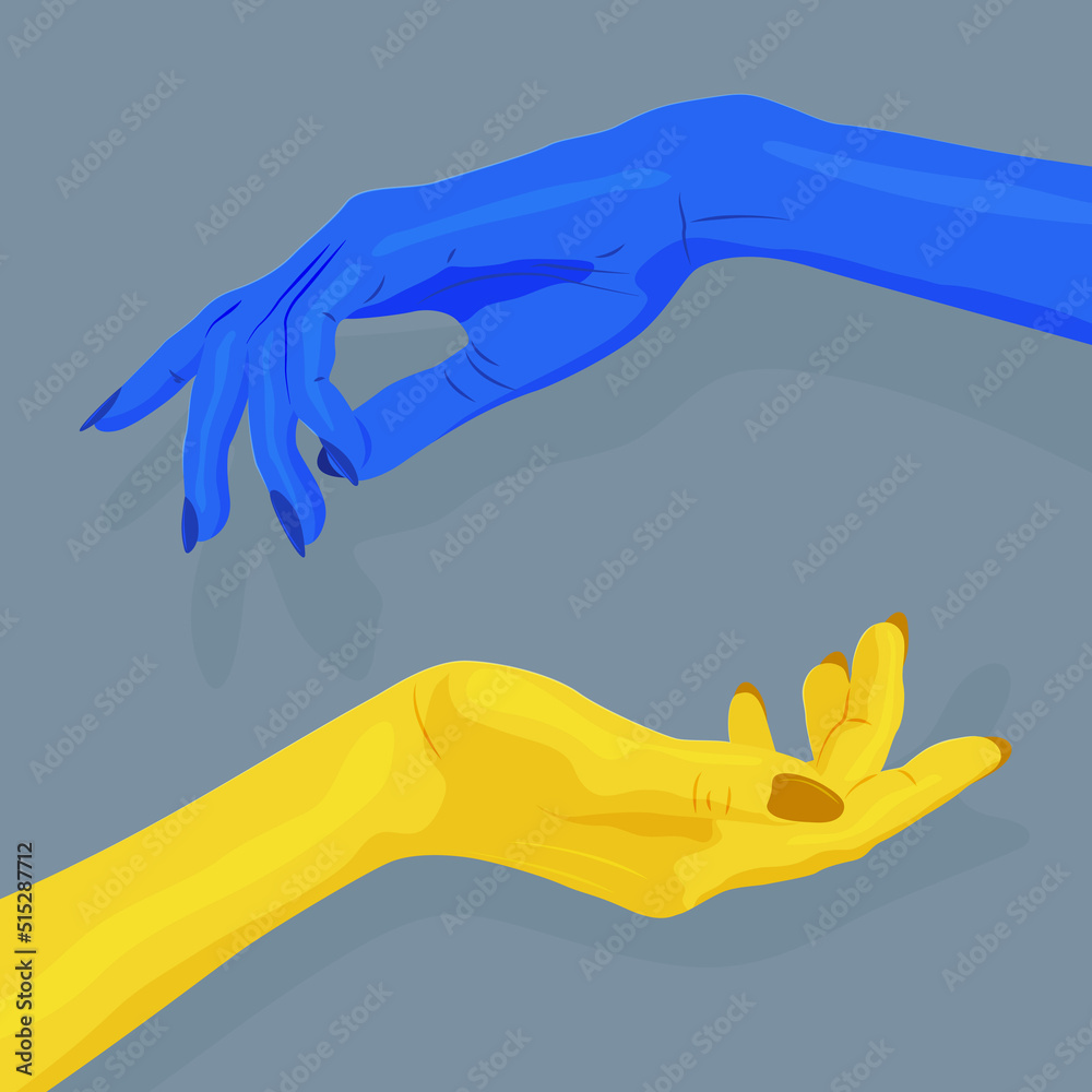 Poster with hands in colors of Ukrainian flag. Modern poster with female hands. Poster with hands in colors of Ukrainian flag. Modern poster with female hands.
