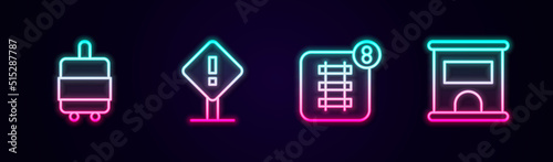 Set line Suitcase, Exclamation mark in square, Online ticket booking and Ticket office to buy tickets. Glowing neon icon. Vector