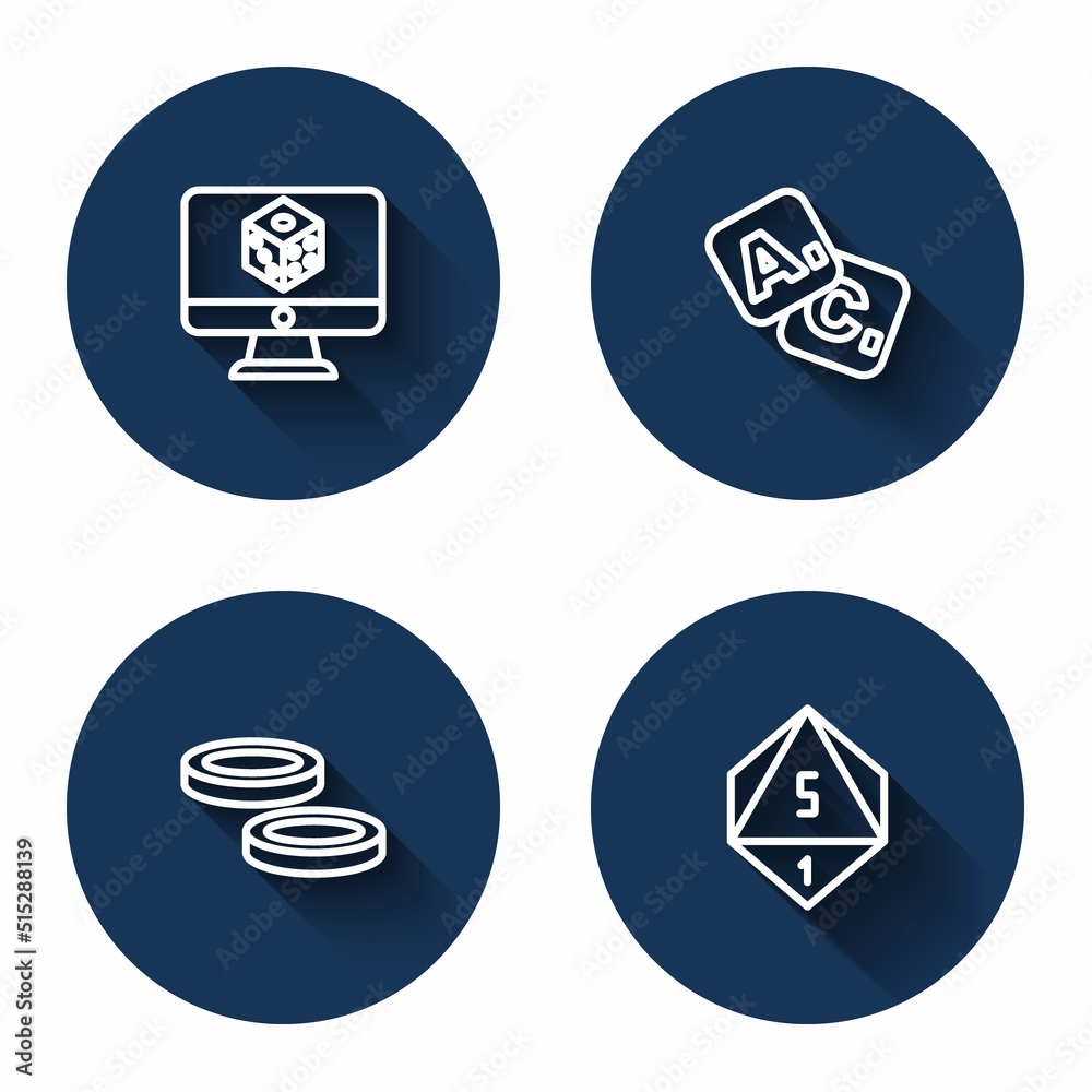 Set line Game dice, Bingo, Checker game chips and with long shadow. Blue circle button. Vector Set line Game dice, Bingo, Checker game chips and with long shadow. Blue circle button. Vector