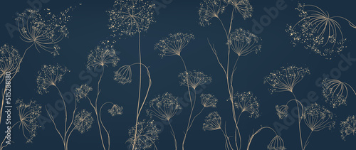 Stampa su tela Luxury wallpaper in dark blue color with flowers and grass in golden art line style