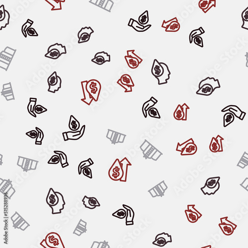 Set line Oil drop with dollar symbol, tank storage and price increase on seamless pattern. Vector