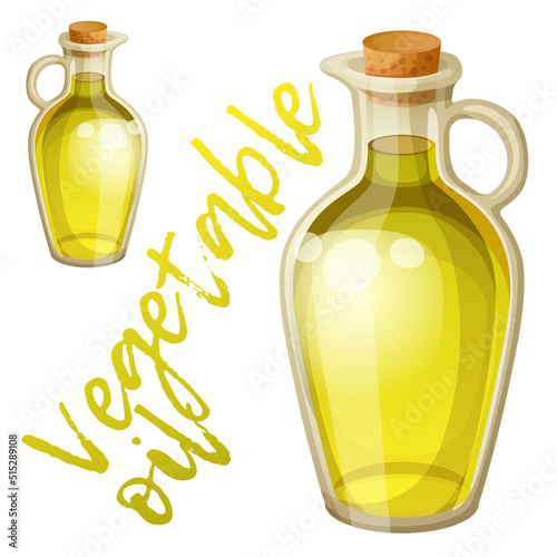 Cartoon olive oil bottle for packaging design. Vector icon of vegetable oil isolated on white background. Fresh organic food illustration