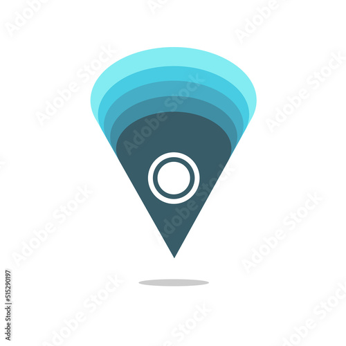 Stylized navigation pointer icon featuring a layered blue cone and a central target, symbolizing a precise location, destination, or pinpoint