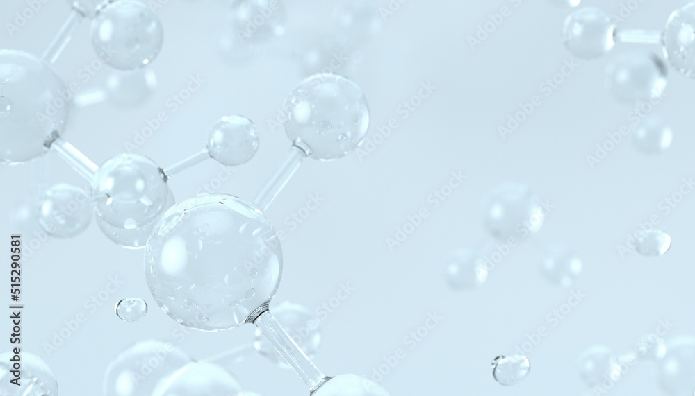 Cosmetic essence, liquid bubbles, molecules of liquid bubbles on the background. 3d rendering