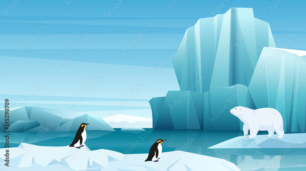 Arctic and Antarctic animals in cold landscape of North with ice and snow  vector illustration. Cartoon polar bear and penguins floating on iceberg of  glacier background. Winter, wildlife concept Stock Vector |
