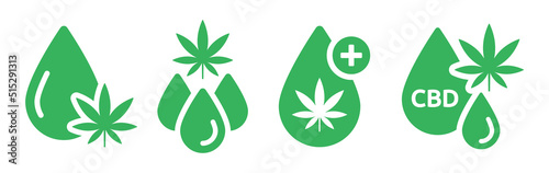 CBD oil drop vector icon set. Hemp oil with cannabis leaf for medical benefits symbol illustration.