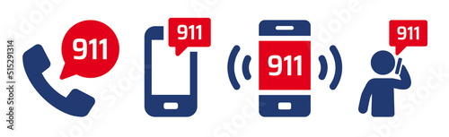 Call 911 phone number icon set to contact emergency services for assistance. Vector symbol illustration.