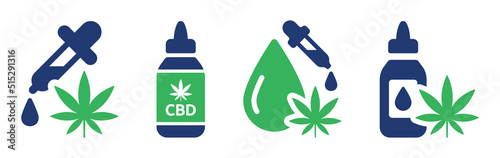 CBD oil from the cannabis plant vector icon set. Cannabidiol with leaf, drop, pipette and vial symbol illustration.