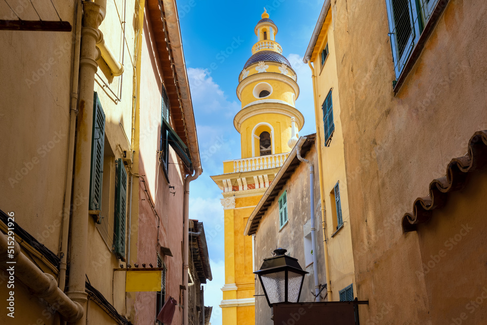 France, French Riviera, scenic Menton old city streets in historic center.